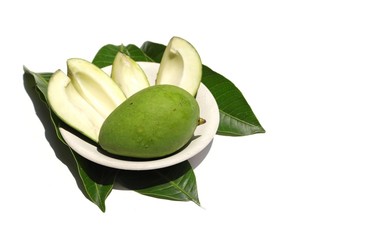 Fresh Mango with Leaves in a Plate Isolated on White Background with Selective Focus and Copy Space