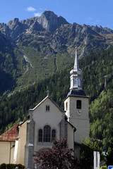 Church at Chamonix Village in French Alps France.