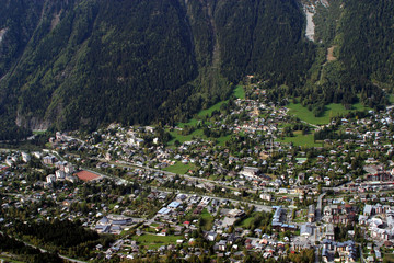 Fototapeta na wymiar View of Chamonix Village from Mount Aiguille de Midi in French Alps, France.