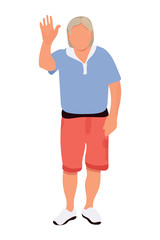 Man stand and waving his hand. Senior man in blue t shirt and red shorts. Vector stock illustration in cartoon flat style isolated on white background.