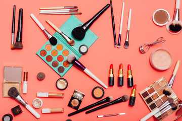 Fototapeta na wymiar Powder lipstick makeup brushes for make-up stylist's work