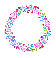 Colorful wreath made from hand painted watercolor elements.  