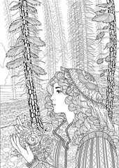 Coloring book for adults with the beautiful medieval lady standing in the coniferous forest