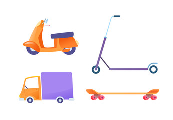 Vector flat delivery vehicle set cargo van scooter