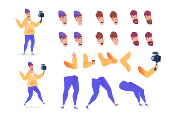 Vector flat video blogger streamer animation set