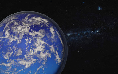 3D render of fantastic blue water planet with white atmosphere in outer space. Elements of this image were furnished by NASA.