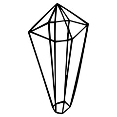 The outline of a crystal stone. Hand-drawn black and white doodle isolated. Multifaceted magic geometric figure. For design, icons, logo. Vector.