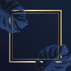 Blue background Decorated with stacked gold frames and tropical leaves Dark blue tone Realistic lifelike leaves, expensive concepts