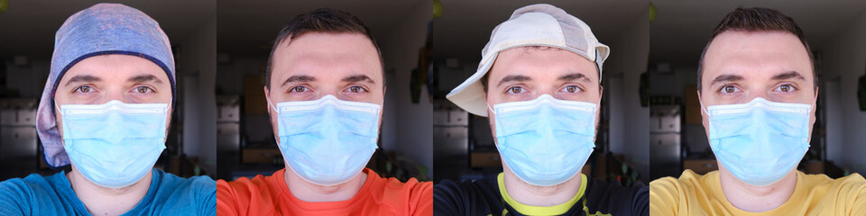 Concept of a selfie a day during Coronavirus (Covid-19) of a man wearing medical mask and different clothes and hats. Isolation, lockdown concept.