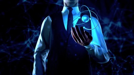 Businessman holds atom particle in left hand with plexus network connection lines - Powered by Adobe