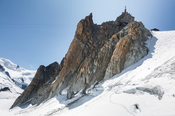 Beautiful view of the Aiguille du Midi from Cosmique refuge in the French Alps, Chamonix...