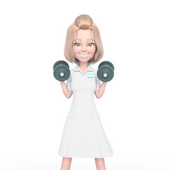 Fototapeta premium blond nurse cartoon is doing some workout exercise with the dumbbells