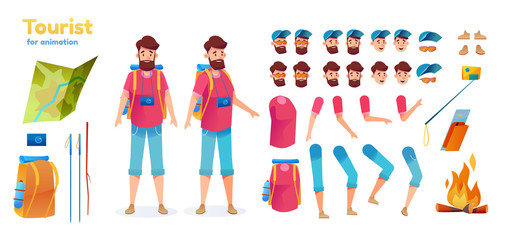 Vector cartoon hiker trekker tourist animation set