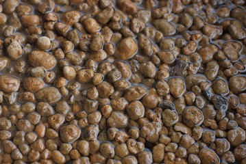 stone texture of brown fine wet expanded clay in a heap in water