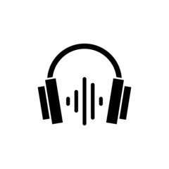 headphones with sound wave icon, music play icon in black flat design on white background