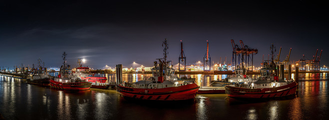 Panorama at night in the port of Hamburg