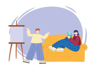 people activities, man with canvas and girl reading book on sofa