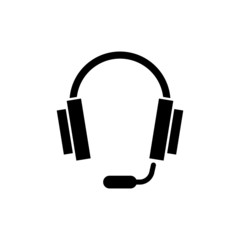 hotline support service icon, headphones icon in black flat design on white background