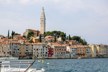 Fototapeta premium View of the Adriatic sea on the city of Rovinj houses Cathedral in Croatia