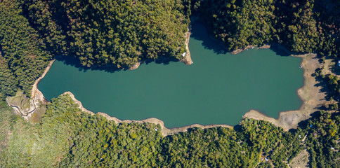 Mounains Lagoon Embalse Bullileo en region Maule, Chile. Aerial drone view