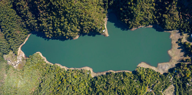 Mounains Lagoon Embalse Bullileo en region Maule, Chile. Aerial drone view