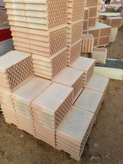 Stack of ceramic building blocks close up
