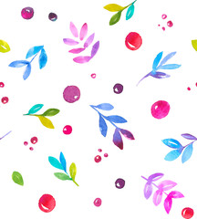 Fototapeta na wymiar Leafs and berry seamless border made from fresh colourfull watercolor images.