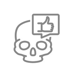 Skull with thumb up in speech bubble line icon. Bone structure of the head, cranium symbol