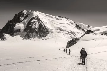 Printed kitchen splashbacks Mont Blanc Mont Blanc three mounts route (par les 3 monts) over Mont-blanc du Tacul, Mont Maudit and the main Alps mount Mont-Blanc. View from the Cosmique refuge, Chamonix, France