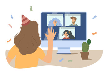 Online party, online quarantine birthday, COVID-19 pandemic. Girl near the computer at a conference with friends. Party of self-isolation.