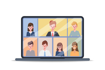 Employees are working from home to avoid spreading the coronavirus covid-19. Workplace, laptop screen, group of people talking by internet and online meeting friends.