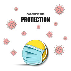 Tennis ball with a protection mask and cells coronavirus bacteriums. Stop covid-19 outbreak. Caution risk disease 2019-nCoV. Cancellation of sports tournaments. Pattern design. Vector illustration