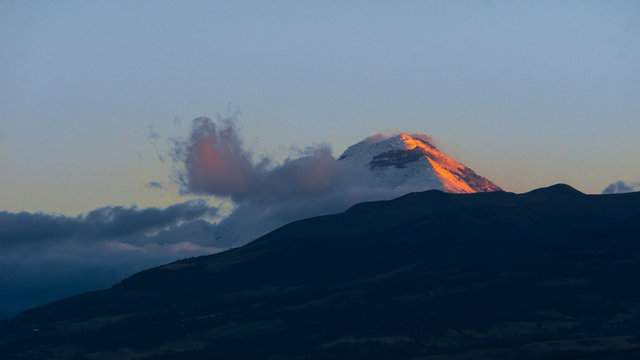 Sunset of the cotopaxi volcano from the city of Quito to latacunga in Ecuador