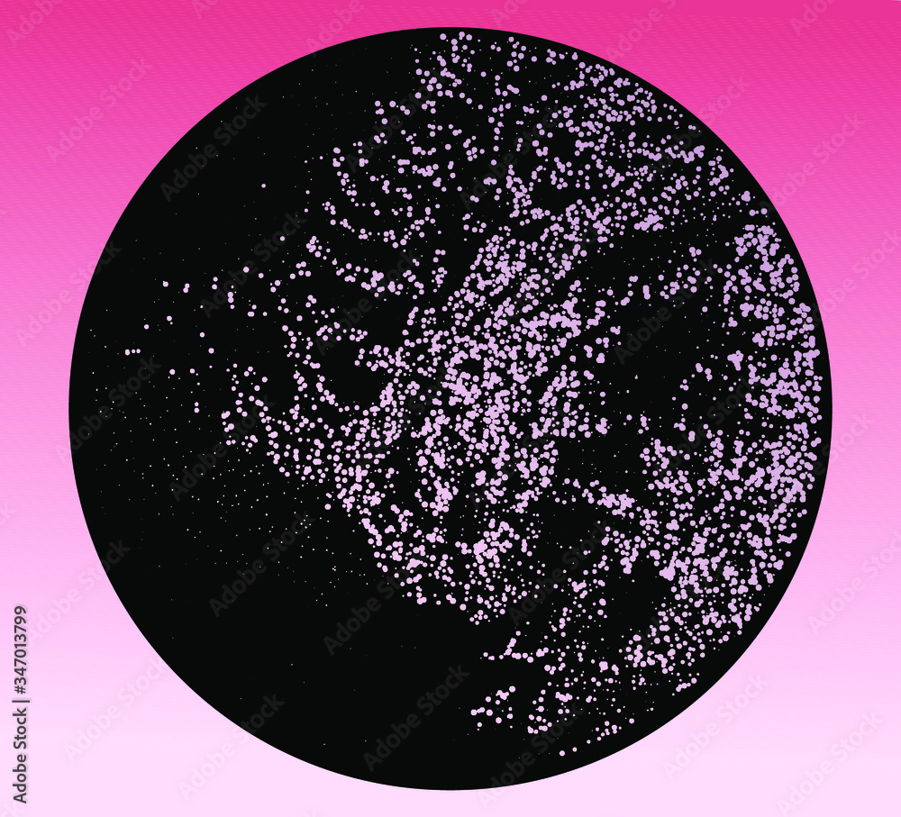 Poster Black disc with ornate made of little dots and particles. Contemporary abstract vector artwork, abstractionism and constructivism non-objective art.