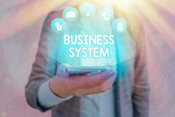 Text sign showing Business System. Business photo showcasing A method of analyzing the information of organizations © A