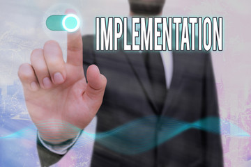 Conceptual hand writing showing Implementation. Concept meaning The process of making something...