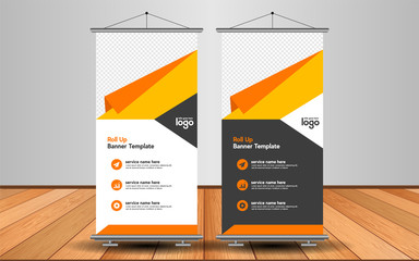 Modern Roll Up Banner. Advertising vector template design with colorful background.