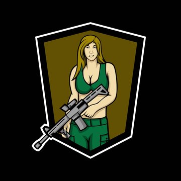 girl army mascot logo with gun. sexy soldier e-sport logo