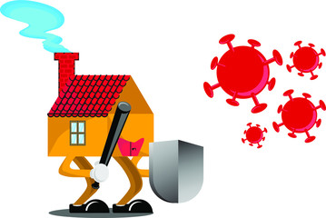 Illustration of character design in the shape of a house who fight covid-19 for stay at home campaign program.