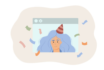 Online party, online quarantine birthday, COVID-19 pandemic. Girl near the computer at a conference with friends. Party of self-isolation.