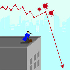 Covid-19 economy crisis vector concept: Businessman using telescope looking down to check how low is the chart going from a rooftop
