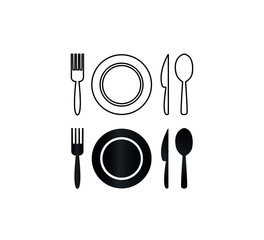 Plate, spoon, fork and knife icon in flat style. Food symbol isolated on white background. Bar, cafe, hotel concept. Simple eating icon in black. Vector illustration for graphic design, Web