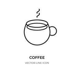 Cup coffee break outline icon. Decorative element logo for shop, coffee house menu. Black linear shape pictogram symbol espresso with steam, latte. Sign energy morning. Isolated vector illustration