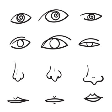 hand drawn doodle human eyes nose lips illustration