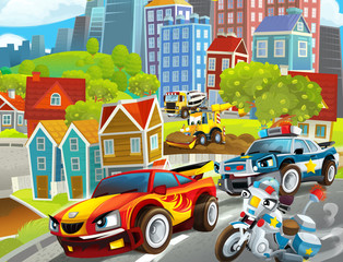 Cartoon funny looking scene with cars vehicles moving in the city - illustration