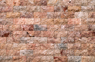 Pink marble blocks, mineral bricks wall flat background pattern.