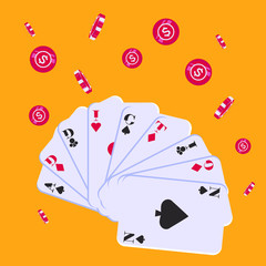 Gambling addiction vector concept with row of cards with letters combination written "Addiction" in orange background with falling dollar chips