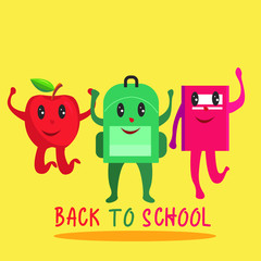 Back to school vector concept with school cartoon figures jumping together joyfully above "Back to School" text in the yellow background