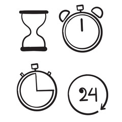 hand drawn Time and Clock set. Time management. Timer, Speed, Alarm, Restore, Time Management, symbol doodle