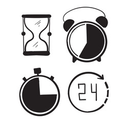 hand drawn Time and Clock set. Time management. Timer, Speed, Alarm, Restore, Time Management, symbol doodle